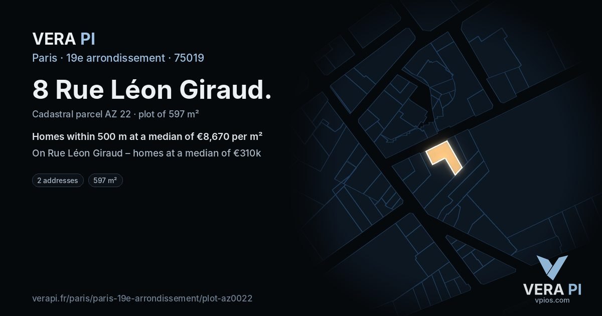 8 Rue Léon Giraud, 19e arrondissement at night – the plot lit, the parcels around coloured by the prices near them