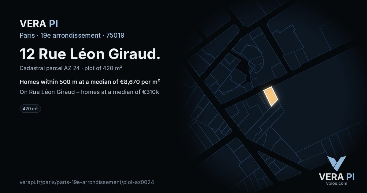 12 Rue Léon Giraud, 19e arrondissement at night – the plot lit, the parcels around coloured by the prices near them