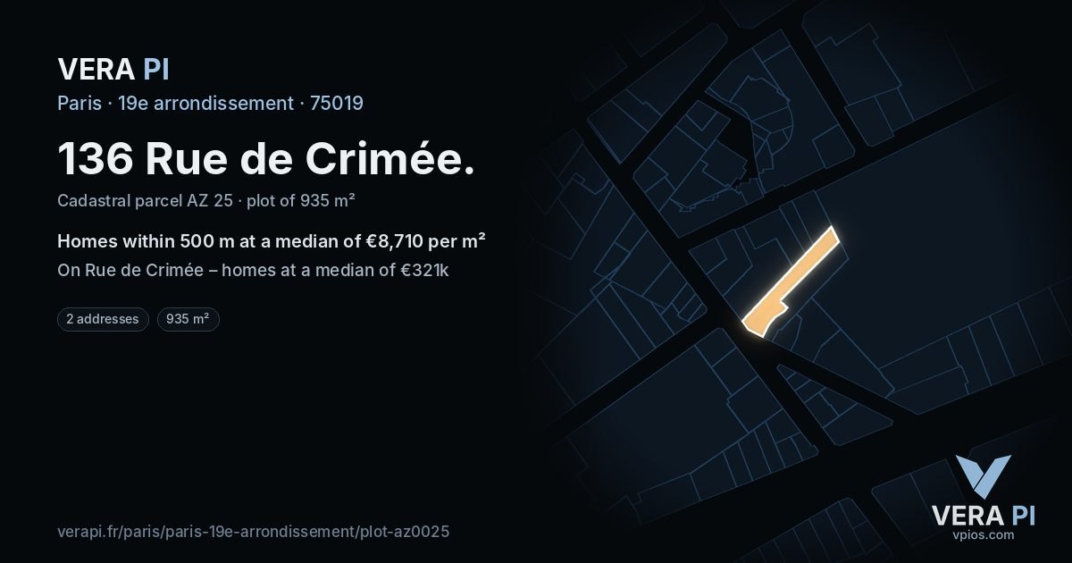 136 Rue de Crimée, 19e arrondissement at night – the plot lit, the parcels around coloured by the prices near them
