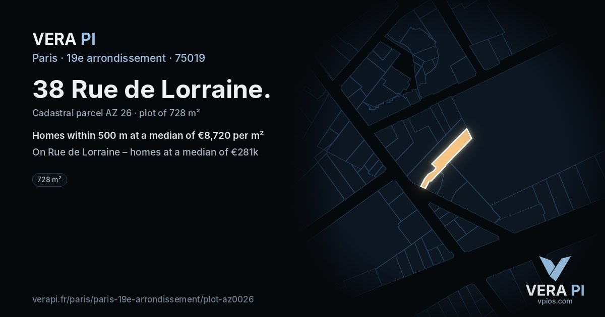 38 Rue de Lorraine, 19e arrondissement at night – the plot lit, the parcels around coloured by the prices near them