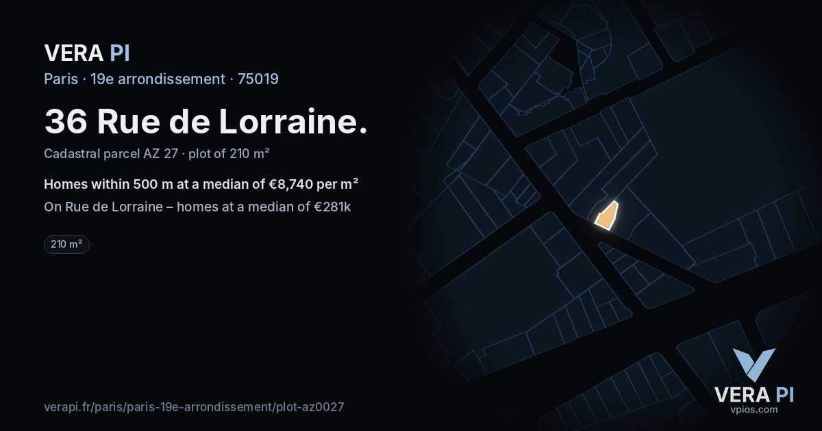 36 Rue de Lorraine, 19e arrondissement at night – the plot lit, the parcels around coloured by the prices near them