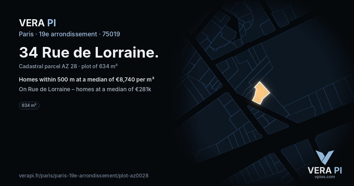 34 Rue de Lorraine, 19e arrondissement at night – the plot lit, the parcels around coloured by the prices near them