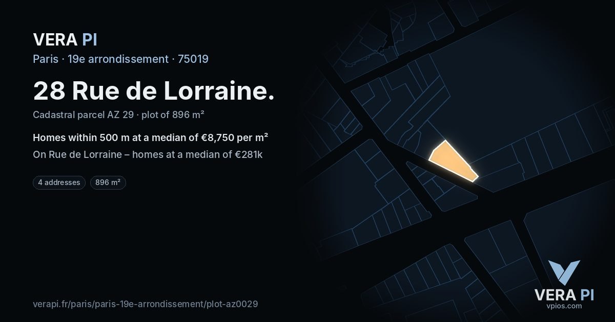 28 Rue de Lorraine, 19e arrondissement at night – the plot lit, the parcels around coloured by the prices near them