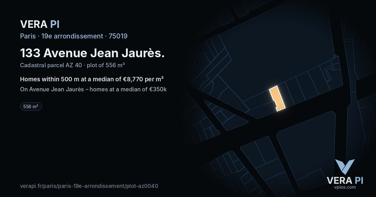 133 Avenue Jean Jaurès, 19e arrondissement at night – the plot lit, the parcels around coloured by the prices near them