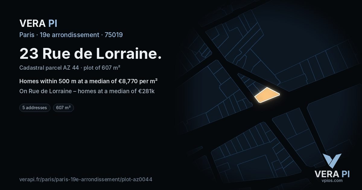 23 Rue de Lorraine, 19e arrondissement at night – the plot lit, the parcels around coloured by the prices near them