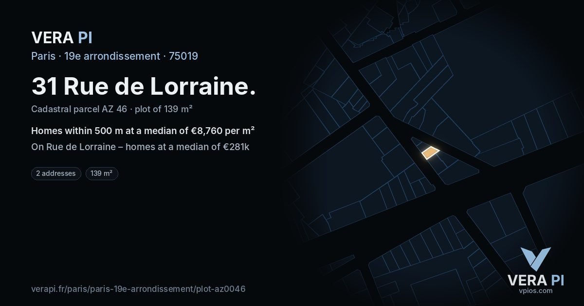 31 Rue de Lorraine, 19e arrondissement at night – the plot lit, the parcels around coloured by the prices near them