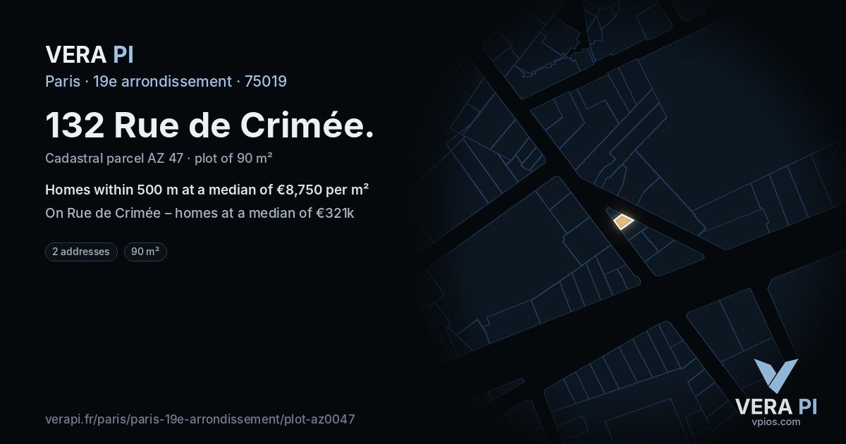 132 Rue de Crimée, 19e arrondissement at night – the plot lit, the parcels around coloured by the prices near them