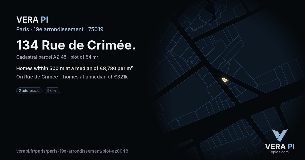 134 Rue de Crimée, 19e arrondissement at night – the plot lit, the parcels around coloured by the prices near them