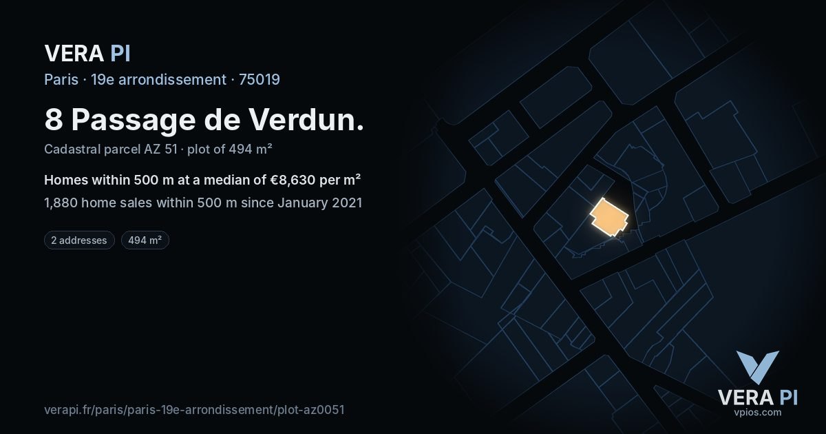 8 Passage de Verdun, 19e arrondissement at night – the plot lit, the parcels around coloured by the prices near them