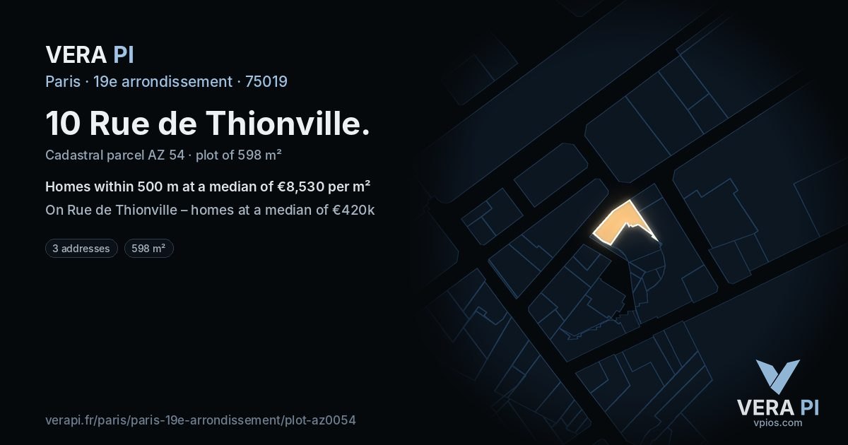 10 Rue de Thionville, 19e arrondissement at night – the plot lit, the parcels around coloured by the prices near them