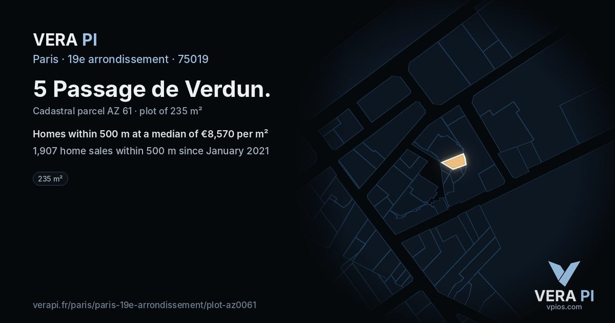 5 Passage de Verdun, 19e arrondissement at night – the plot lit, the parcels around coloured by the prices near them