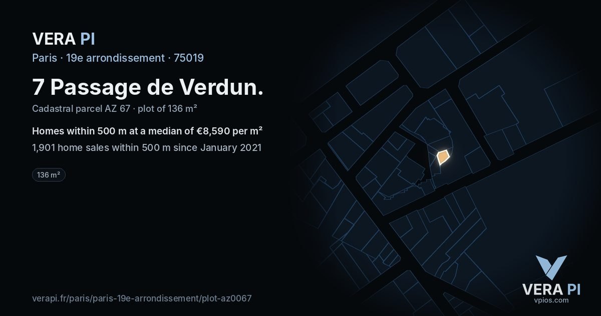 7 Passage de Verdun, 19e arrondissement at night – the plot lit, the parcels around coloured by the prices near them