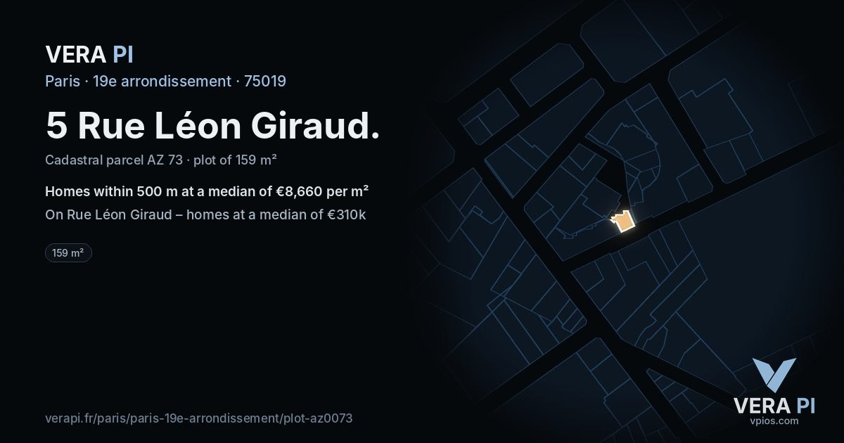 5 Rue Léon Giraud, 19e arrondissement at night – the plot lit, the parcels around coloured by the prices near them