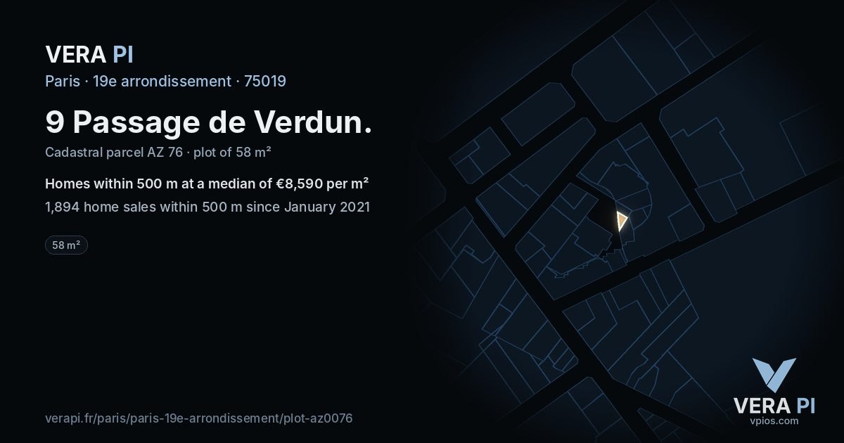 9 Passage de Verdun, 19e arrondissement at night – the plot lit, the parcels around coloured by the prices near them