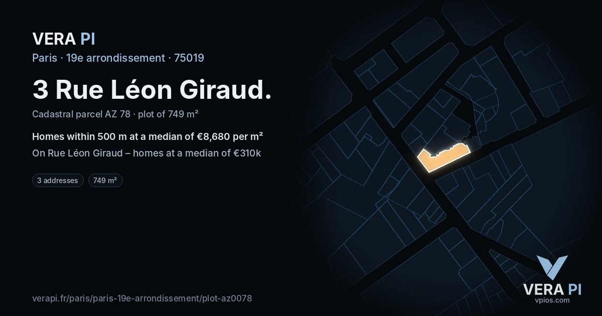 3 Rue Léon Giraud, 19e arrondissement at night – the plot lit, the parcels around coloured by the prices near them