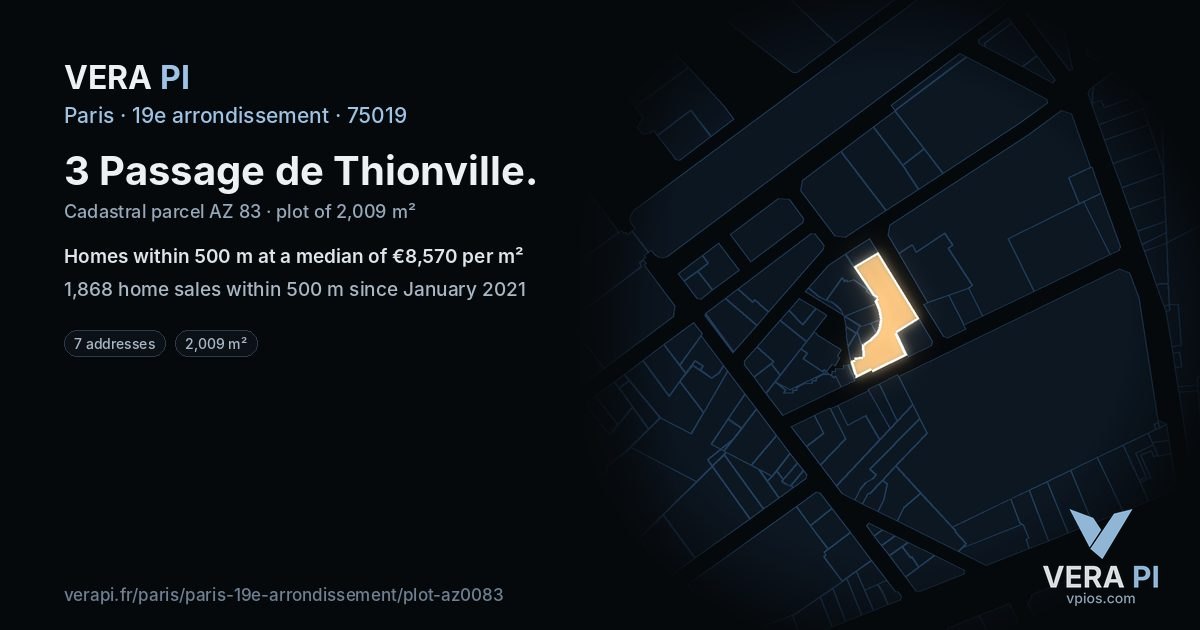 3 Passage de Thionville, 19e arrondissement at night – the plot lit, the parcels around coloured by the prices near them