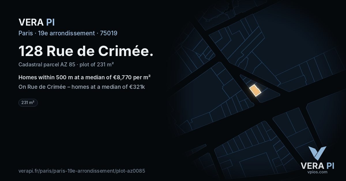 128 Rue de Crimée, 19e arrondissement at night – the plot lit, the parcels around coloured by the prices near them