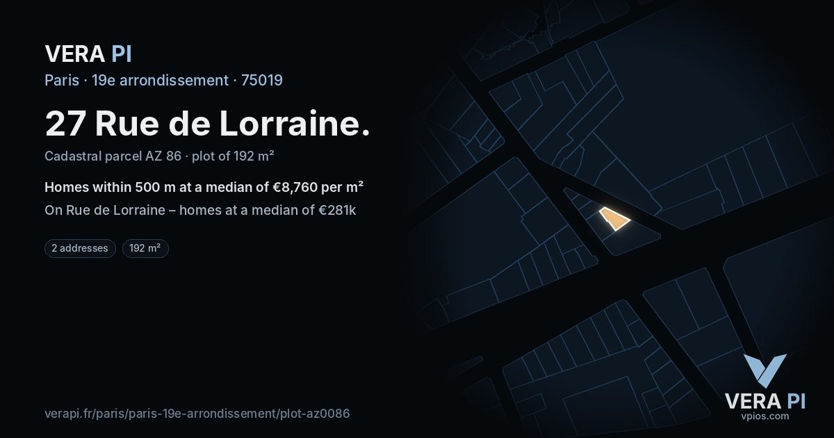 27 Rue de Lorraine, 19e arrondissement at night – the plot lit, the parcels around coloured by the prices near them
