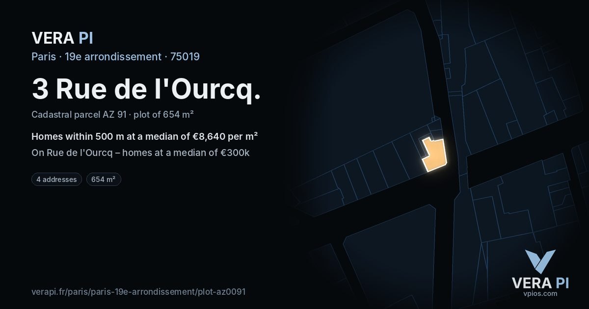 3 Rue de l'Ourcq, 19e arrondissement at night – the plot lit, the parcels around coloured by the prices near them