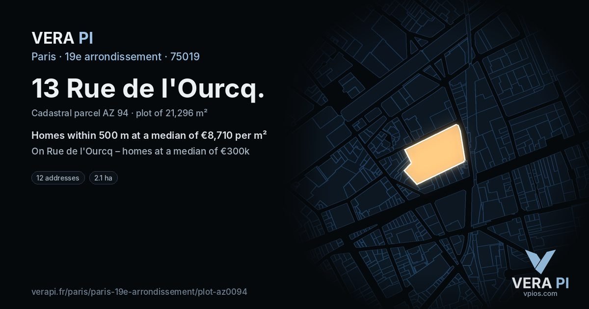 13 Rue de l'Ourcq, 19e arrondissement at night – the plot lit, the parcels around coloured by the prices near them