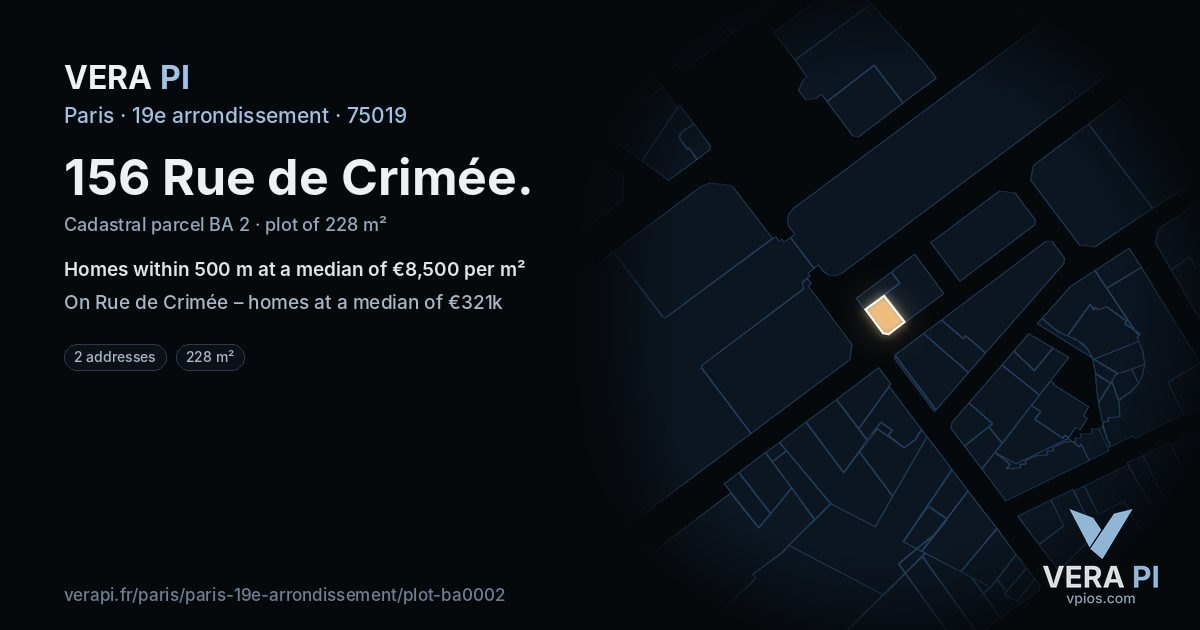 156 Rue de Crimée, 19e arrondissement at night – the plot lit, the parcels around coloured by the prices near them