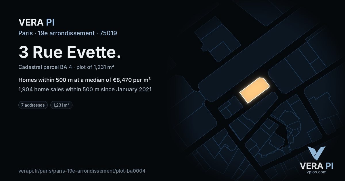 3 Rue Evette, 19e arrondissement at night – the plot lit, the parcels around coloured by the prices near them