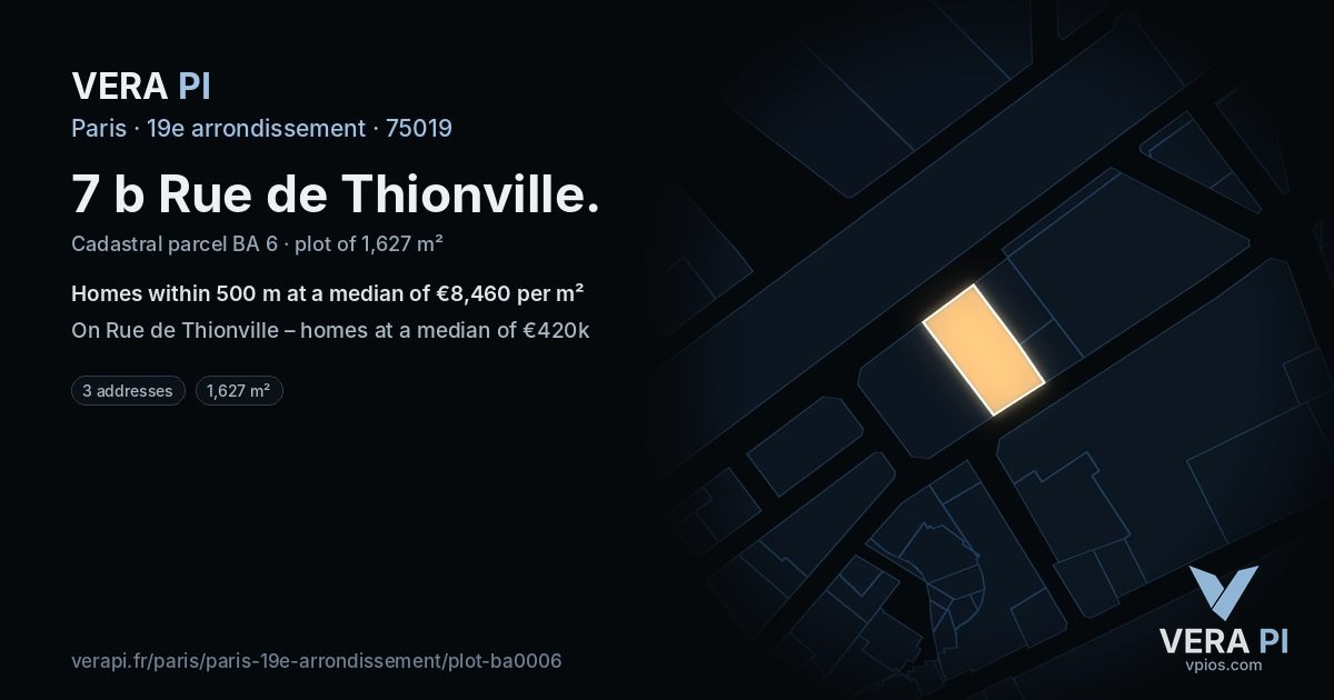 7 b Rue de Thionville, 19e arrondissement at night – the plot lit, the parcels around coloured by the prices near them