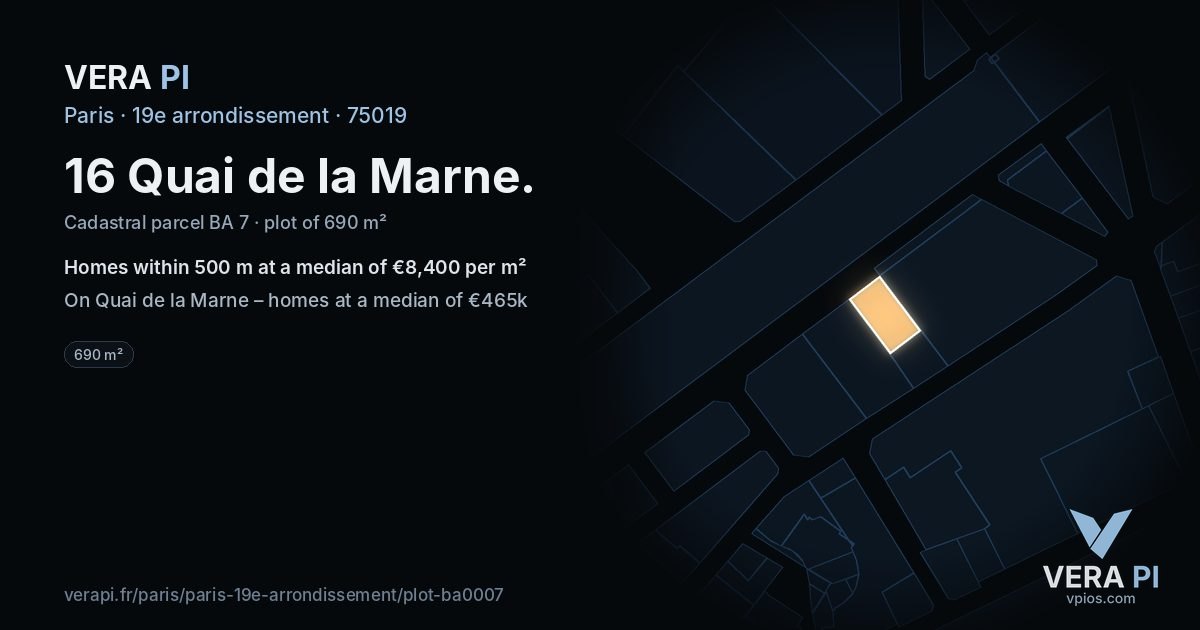 16 Quai de la Marne, 19e arrondissement at night – the plot lit, the parcels around coloured by the prices near them
