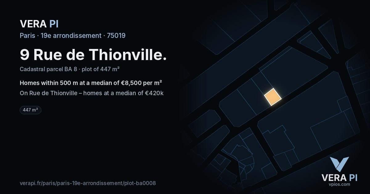 9 Rue de Thionville, 19e arrondissement at night – the plot lit, the parcels around coloured by the prices near them