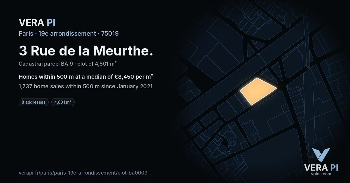 3 Rue de la Meurthe, 19e arrondissement at night – the plot lit, the parcels around coloured by the prices near them