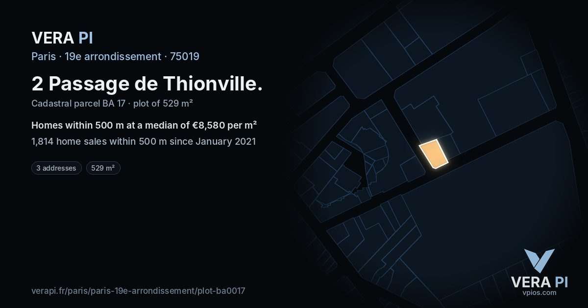2 Passage de Thionville, 19e arrondissement at night – the plot lit, the parcels around coloured by the prices near them