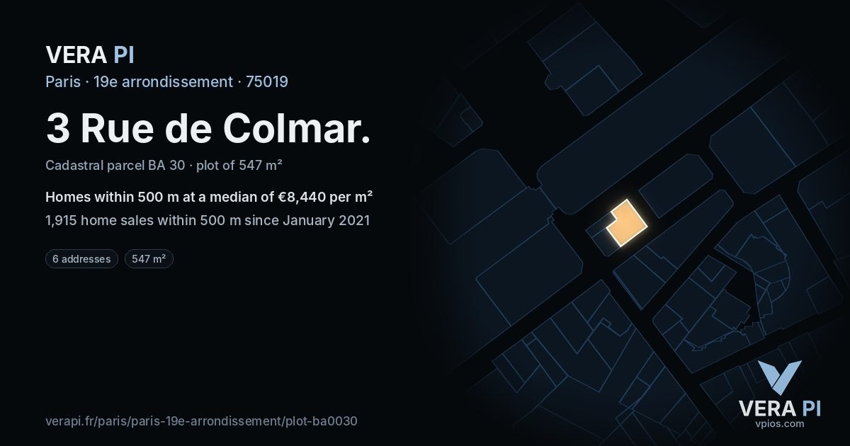 3 Rue de Colmar, 19e arrondissement at night – the plot lit, the parcels around coloured by the prices near them