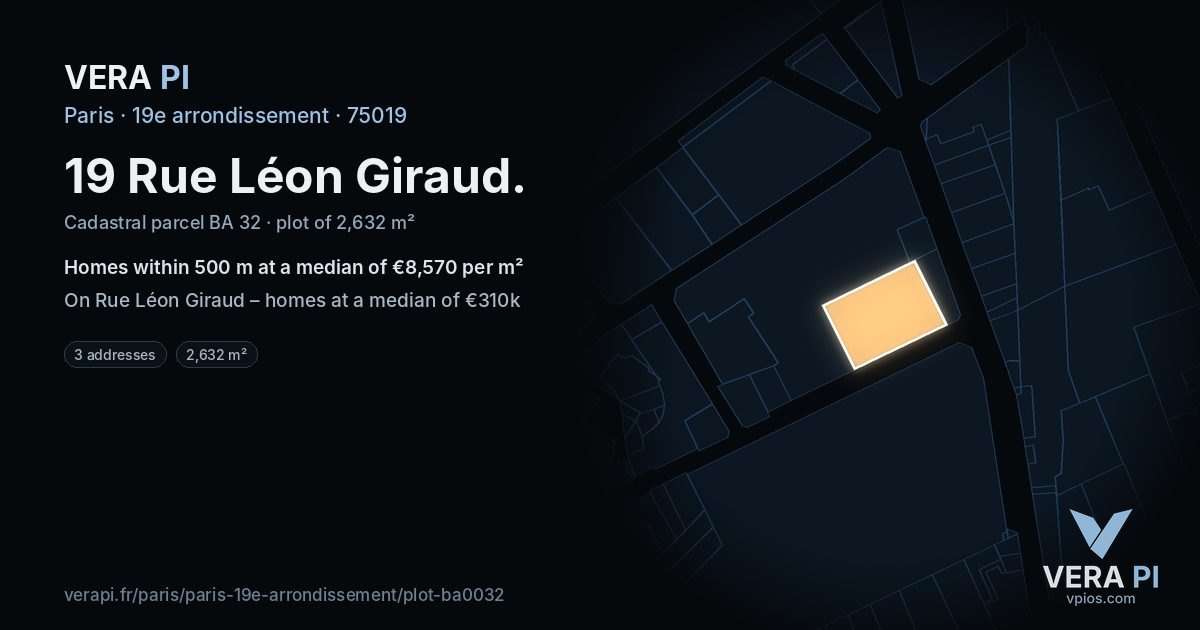 19 Rue Léon Giraud, 19e arrondissement at night – the plot lit, the parcels around coloured by the prices near them