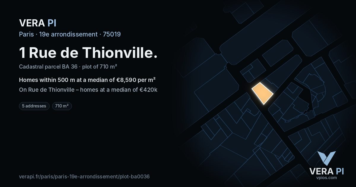 1 Rue de Thionville, 19e arrondissement at night – the plot lit, the parcels around coloured by the prices near them