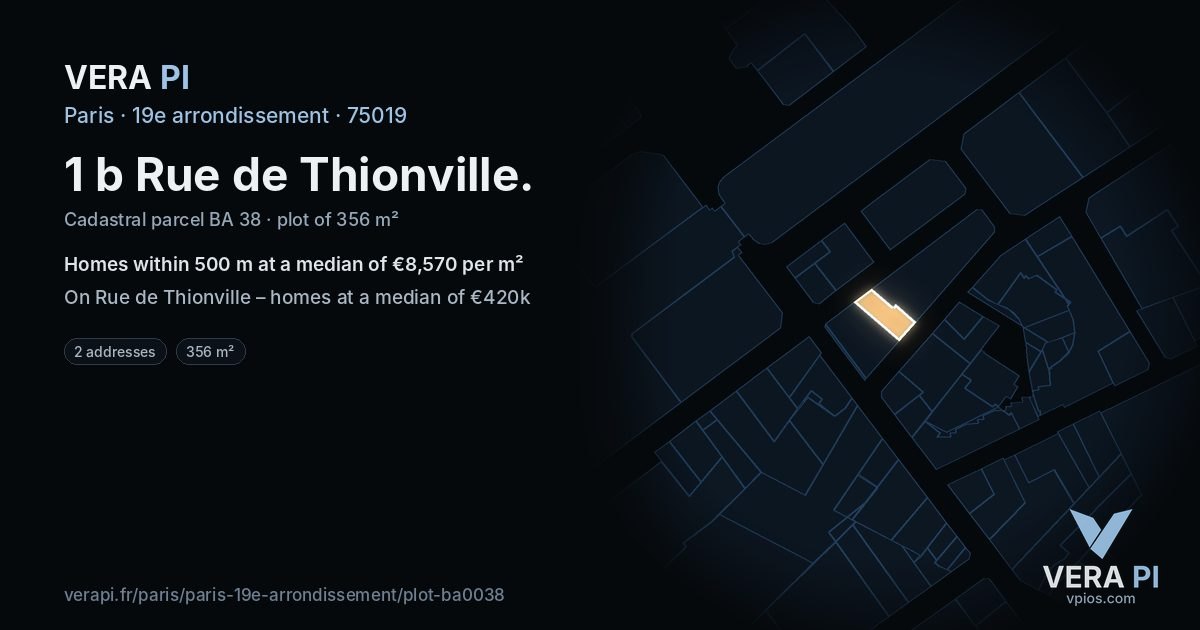 1 b Rue de Thionville, 19e arrondissement at night – the plot lit, the parcels around coloured by the prices near them