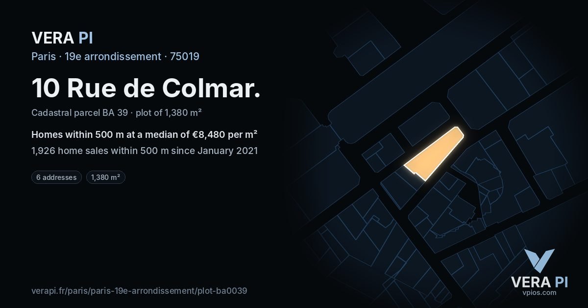 10 Rue de Colmar, 19e arrondissement at night – the plot lit, the parcels around coloured by the prices near them