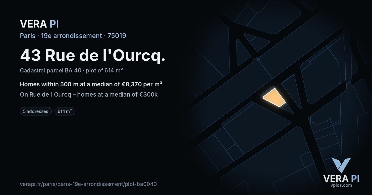 43 Rue de l'Ourcq, 19e arrondissement at night – the plot lit, the parcels around coloured by the prices near them