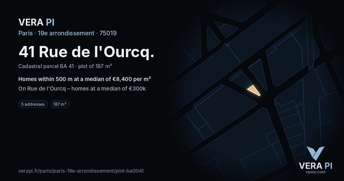 41 Rue de l'Ourcq, 19e arrondissement at night – the plot lit, the parcels around coloured by the prices near them