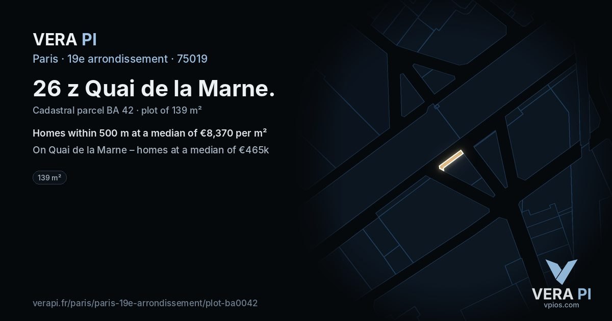 26 z Quai de la Marne, 19e arrondissement at night – the plot lit, the parcels around coloured by the prices near them