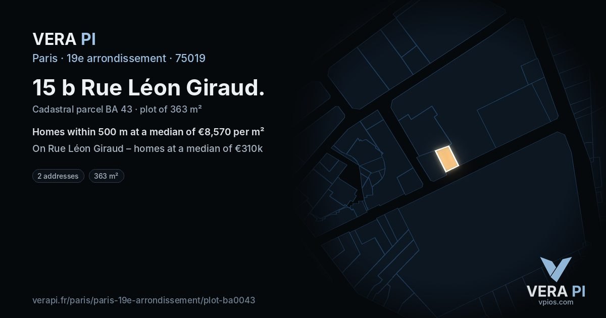 15 b Rue Léon Giraud, 19e arrondissement at night – the plot lit, the parcels around coloured by the prices near them