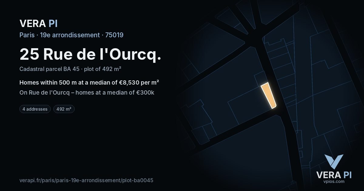 25 Rue de l'Ourcq, 19e arrondissement at night – the plot lit, the parcels around coloured by the prices near them