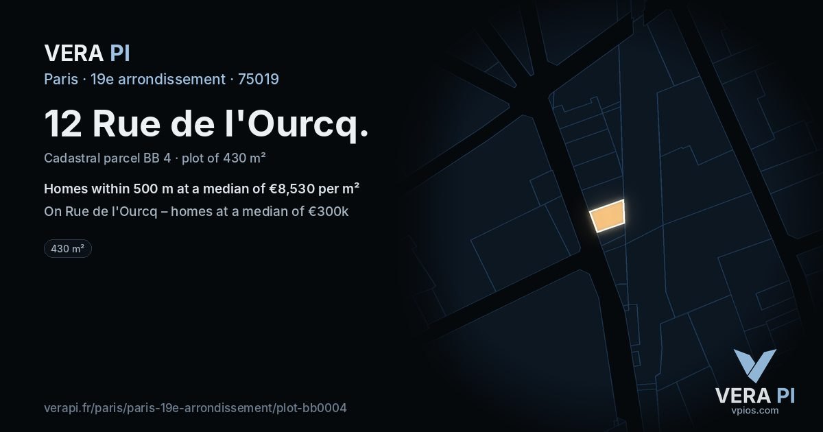 12 Rue de l'Ourcq, 19e arrondissement at night – the plot lit, the parcels around coloured by the prices near them