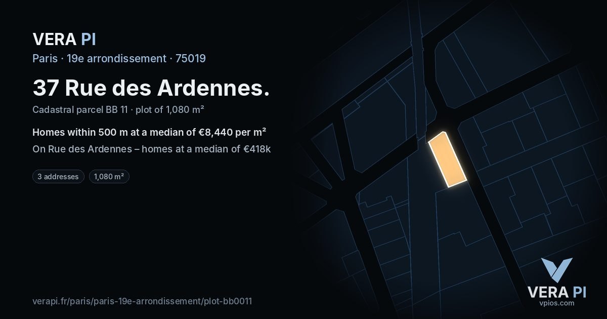 37 Rue des Ardennes, 19e arrondissement at night – the plot lit, the parcels around coloured by the prices near them