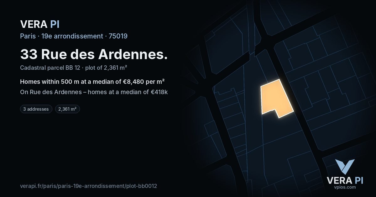 33 Rue des Ardennes, 19e arrondissement at night – the plot lit, the parcels around coloured by the prices near them