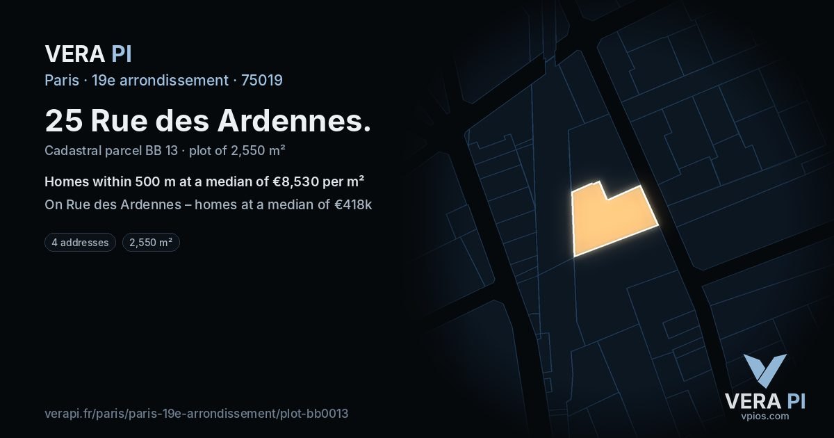 25 Rue des Ardennes, 19e arrondissement at night – the plot lit, the parcels around coloured by the prices near them