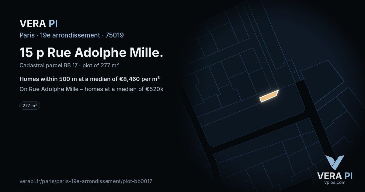 15 p Rue Adolphe Mille, 19e arrondissement at night – the plot lit, the parcels around coloured by the prices near them