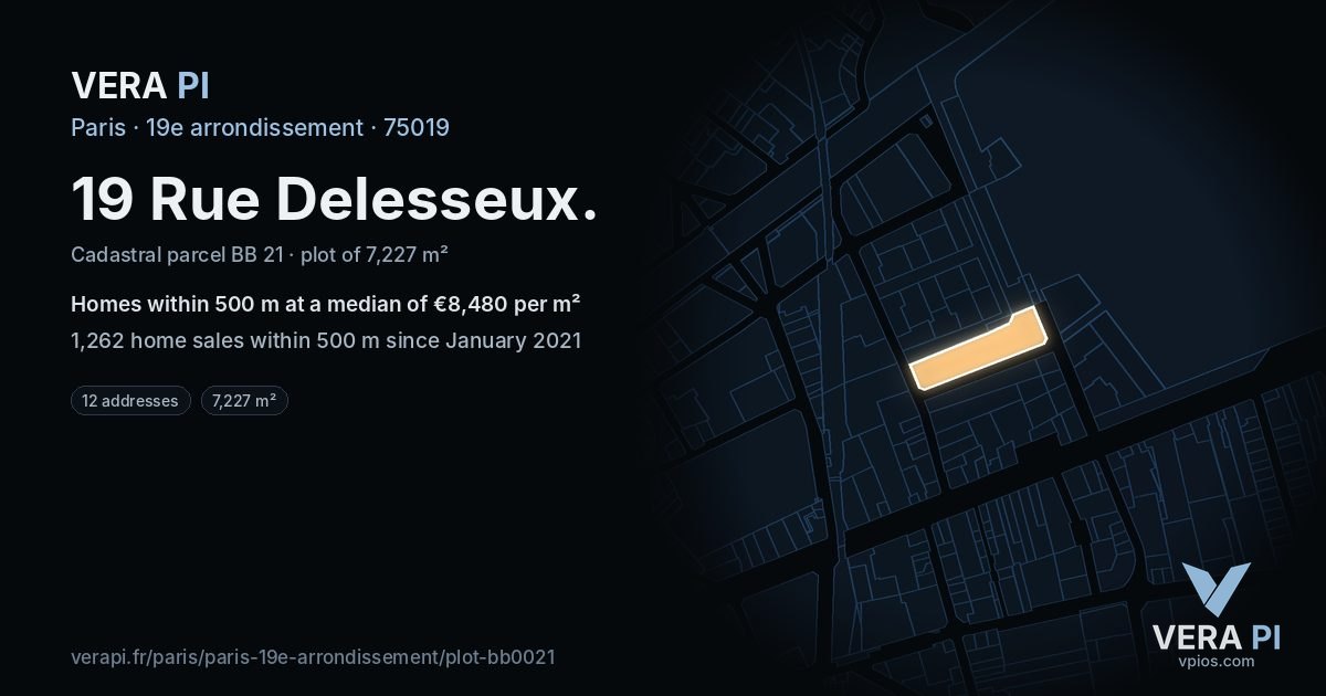 19 Rue Delesseux, 19e arrondissement at night – the plot lit, the parcels around coloured by the prices near them