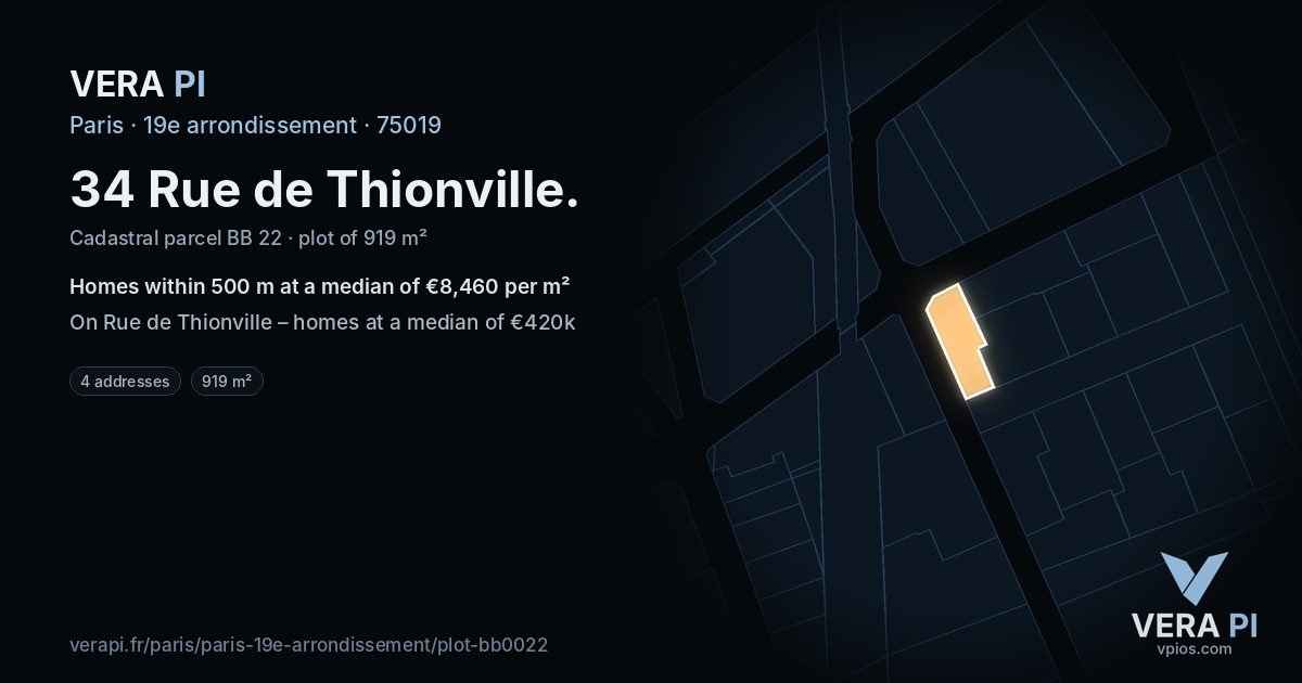 34 Rue de Thionville, 19e arrondissement at night – the plot lit, the parcels around coloured by the prices near them