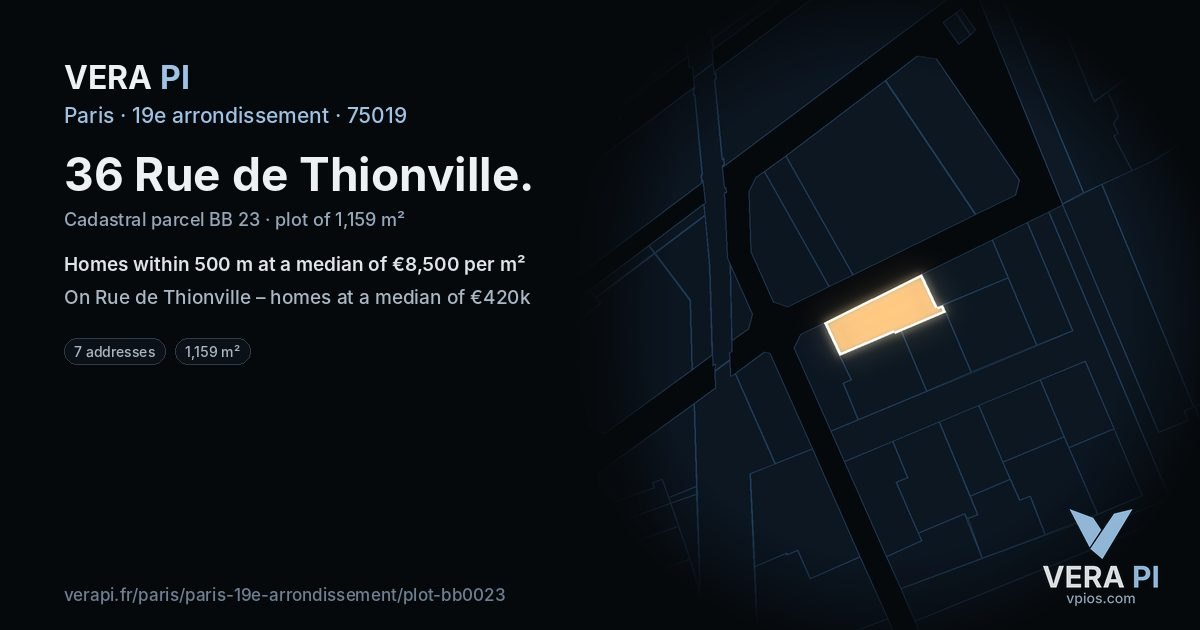 36 Rue de Thionville, 19e arrondissement at night – the plot lit, the parcels around coloured by the prices near them