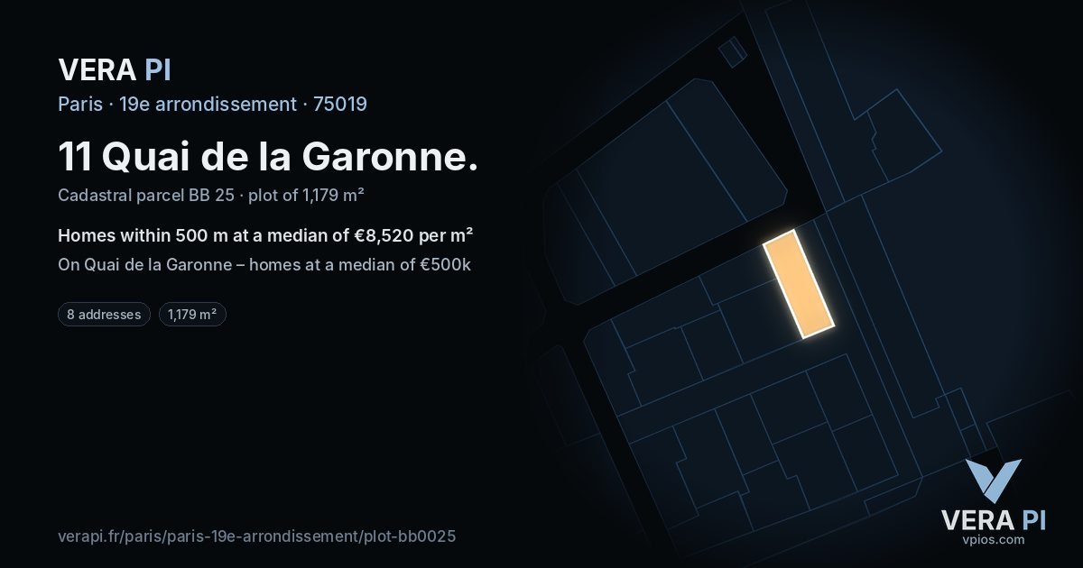 11 Quai de la Garonne, 19e arrondissement at night – the plot lit, the parcels around coloured by the prices near them